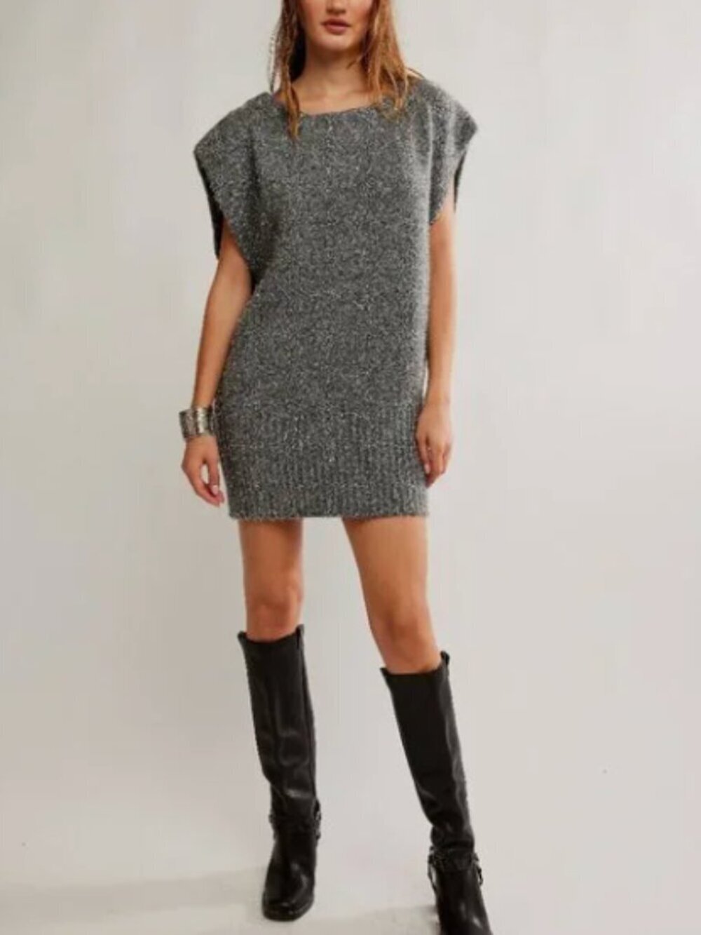 Free People Talia Sweater Mini Dress Sleeveless Grey Sparkle Size Small NWT